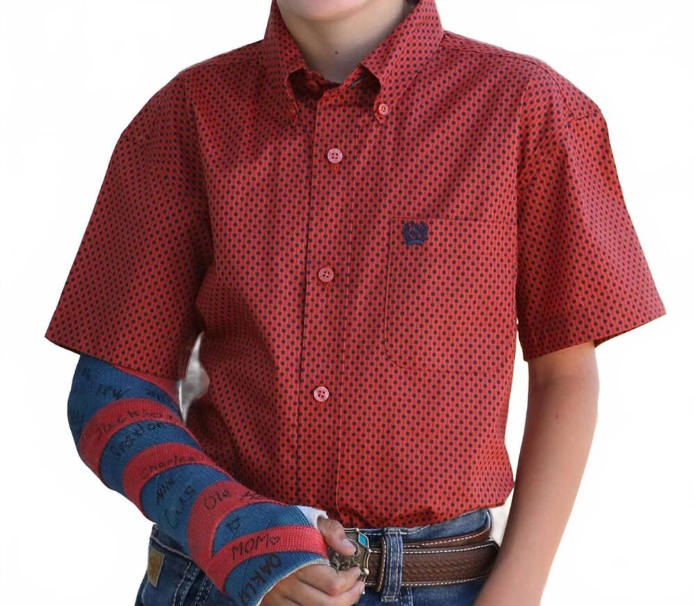 NEW CINCH boys short sleeve button down shirt in red blue